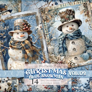 Weihnachten blauer Schneemann Vol.02, Winter Landschaft, printable 14 JPG Bild, Scrapbook Seiten Junk Journal Ephemera, Postkarte Sofort download.