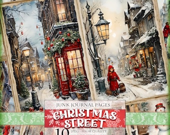 Christmas Street, Vintage Landscape, Printable 10 JPG image, Snowy View Junk Journal page digital art ephemera paper, instant download.