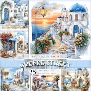 Rue de la Grèce, paysage d'île d'été, image imprimable HQ 25 JPG, aquarelle Junk Journal Folio Pages Scrapbook Ephemera, téléchargement immédiat.