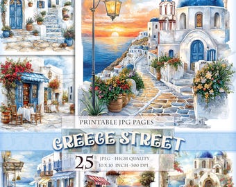 Greece Street Watercolor Art, Summer Island Landscape (Printable 25 JPG)