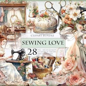 Amour de couture - Cliparts aquarelles romantiques et vintage, image imprimable 28 PNG, téléchargement immédiat d'autocollants de scrapbooking pour journal indésirable.
