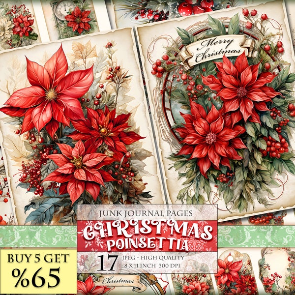 Christmas Poinsettia, Watercolor Printable Junk Journal Pages, Labels, ATC, 17 JPG - 8 X 11 inch, Instant download Digital collage sheets