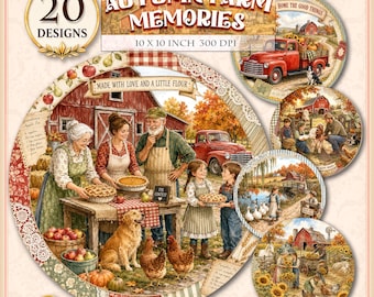 Autumn Farm Memories Round Clipart Set, Printable 20 PNG Designs, Vintage Cottagecore Circles for Crafts & Decoupage