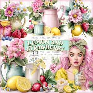 Frutas de verano, limón y fresa, imagen PNG imprimible de 22, clipart de cortes minuciosos, pegatina, sublimación transparente, descarga instantánea.