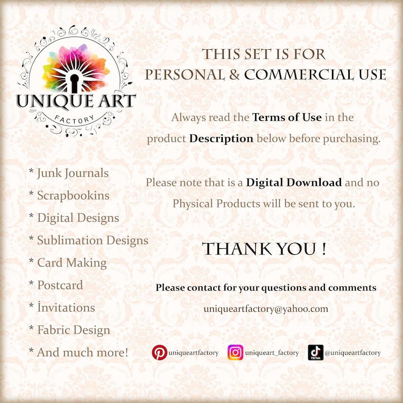 May include: A digital download graphic with the Unique Art Factory logo, a colorful floral design. Text includes "This set is for personal & commercial use," and a list of design applications such as junk journals, scrapbooking, and digital designs. The image also states that it is a digital download.
