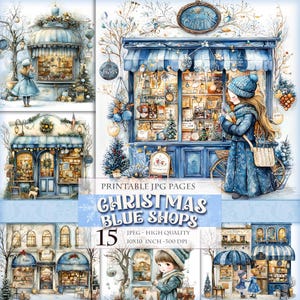 Christmas Blue Shops, Noel Market, Printable 15 HQ JPG Digital images clipart scrapbook junk journal decoupage postcard Instant download.