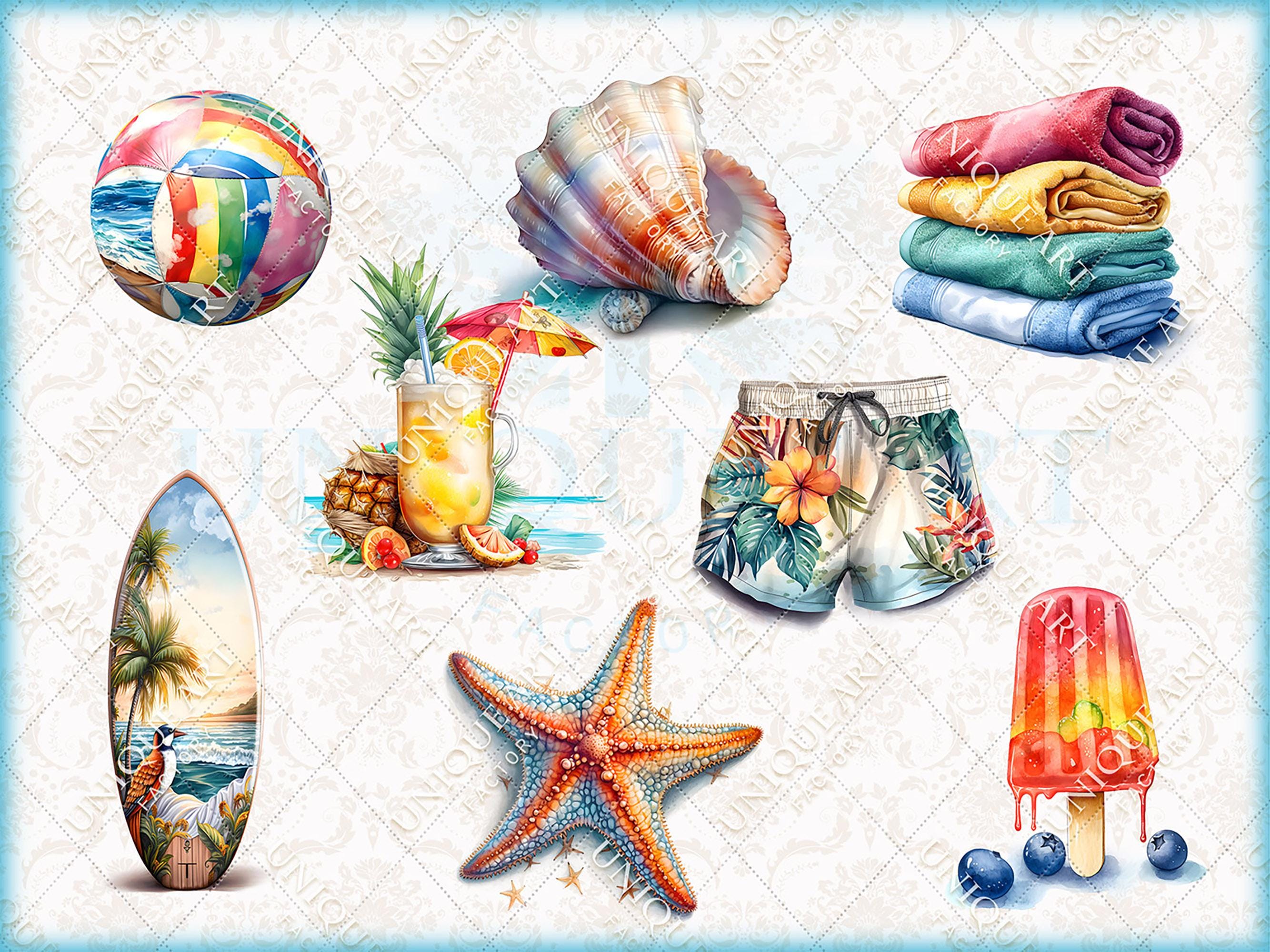 Summer Beach - Colorfully, Watercolor Clipart Bundle, 32 HQ Printable ...