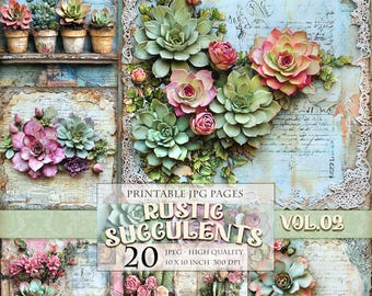 Suculentas Rústicas Vol.02, 20 imagens JPG para impressão, plantas do deserto e cactos, páginas de diário vintage, álbum de recortes, itens essenciais, download instantâneo.