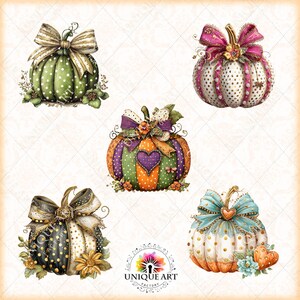 May include: A collection of five watercolor pumpkins in various colors and patterns. Each pumpkin features a decorative bow and floral accents. The pumpkins are in shades of green, orange, purple, white, and black, with polka dots and stripes.