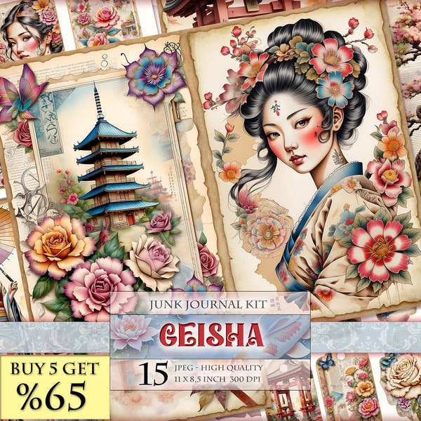 Geisha, aquarel bloemen junk journal kit, afdrukbare dubbele pagina's 15 JPG - 11X8,5 inch, Instant download, digitaal collageblad