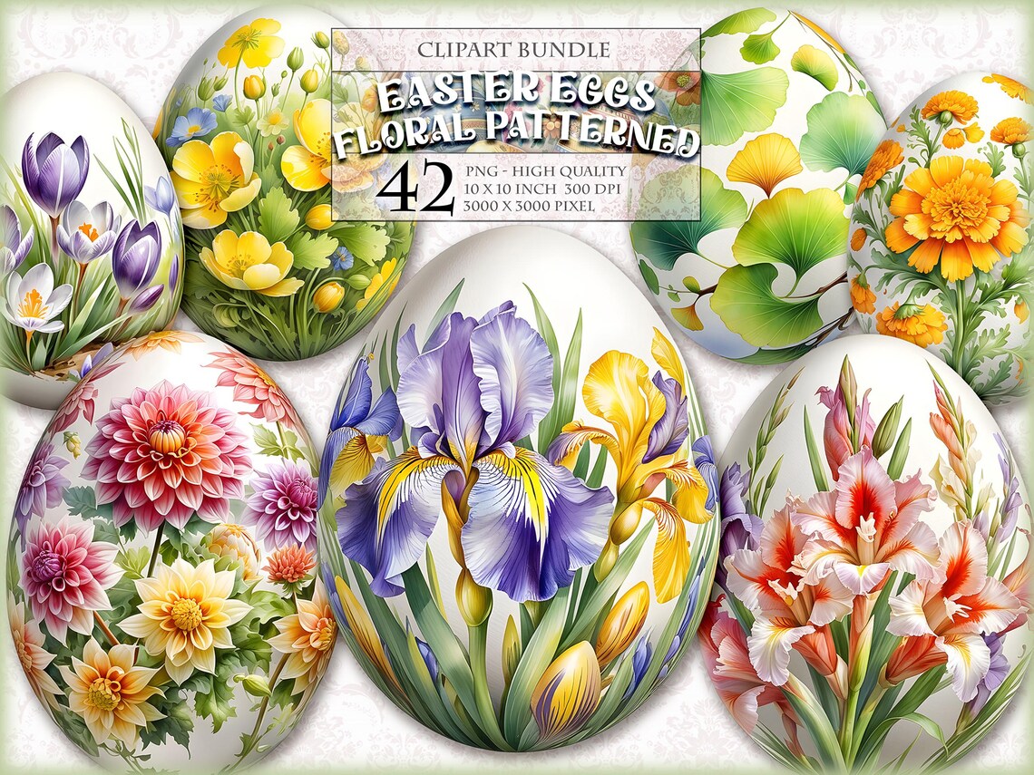 Easter Eggs Floral Patterned, Spring Wildflowers, Watercolor Clipart ...