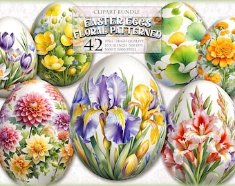 Könnte beinhalten: Ein Set mit 42 digitalen Clipart-Bildern von Ostereiern, die mit Blumenmustern verziert sind. Die Eier sind weiß mit verschiedenen Blumen, darunter gelbe, lila, rote und orangefarbene.