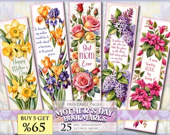 Mother's Day Bookmarks, Watercolor Digital Sheets, 2x7 inch 25 Bookmarks in 5 printable JPG pages, Instant download.