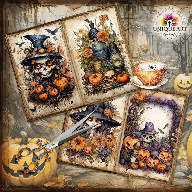Puede incluir: Cuatro cuadrados de papel de scrapbooking de estilo vintage con tem&aacute;tica de Halloween con im&aacute;genes de una calavera con un sombrero de copa, una bruja con un sombrero negro, una calavera con un sombrero de copa morado y una calavera con una botella y una poci&oacute;n. Los cuadrados de papel est&aacute;n sobre un fondo marr&oacute;n con unas tijeras y una calabaza de Halloween.