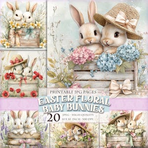 Conejitos de Pascua con flores, imágenes prediseñadas de huevos con flores de primavera, imagen JPG HQ 20 imprimible, páginas de diario basura, efímeras de álbum de recortes, descarga instantánea.