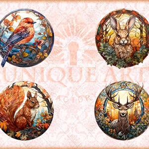 May include: Four round stained glass panels with nature scenes. The first panel features a red and blue bird with brown and green leaves. The second panel features a white rabbit with brown fur and long ears. The third panel features a squirrel with a bushy tail and brown fur. The fourth panel features a deer with antlers and brown fur.
