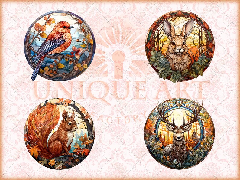 May include: Four round stained glass panels with nature scenes. The first panel features a red and blue bird with brown and green leaves. The second panel features a white rabbit with brown fur and long ears. The third panel features a squirrel with a bushy tail and brown fur. The fourth panel features a deer with antlers and brown fur.