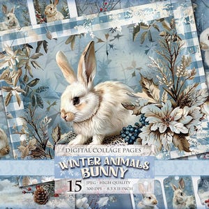 Animaux d'hiver - lapin, paysage enneigé, image imprimable HQ 15 JPG, journal indésirable, scrapbooking, éphémères coupes difficiles Clipart téléchargement immédiat.