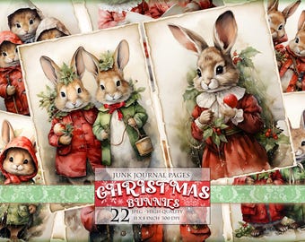 Christmas Bunnies Watercolor Junk Journal Pages, Labels, ATC, 22 JPG - 11X8 inch, Instant download and printable, Digital collage sheet