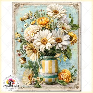May include: A vintage-style floral print featuring a bouquet of daisies, yellow and orange flowers in a striped jar. The artwork has a distressed, aged appearance with a light blue background and a decorative border.