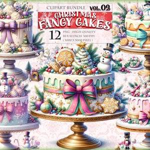 Bolos extravagantes de Natal Vol.02, pacote de clipart em aquarela com tema de doces natalinos de Natal, 12 imagens PNG transparentes para impressão em HQ, download instantâneo.