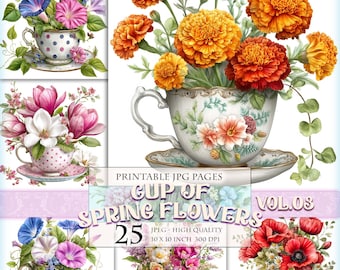 Cup Of Spring Flowers Vol.03, Watercolor Vintage Teacups Clipart (25 JPG Files)