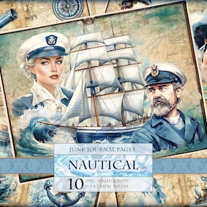 Nautisch - Marine Papier Papier Aquarell Seiten, 10 JPG Bilder, Scrapbook, Vintage Ephemera Postkarten, zum sofortigen Download