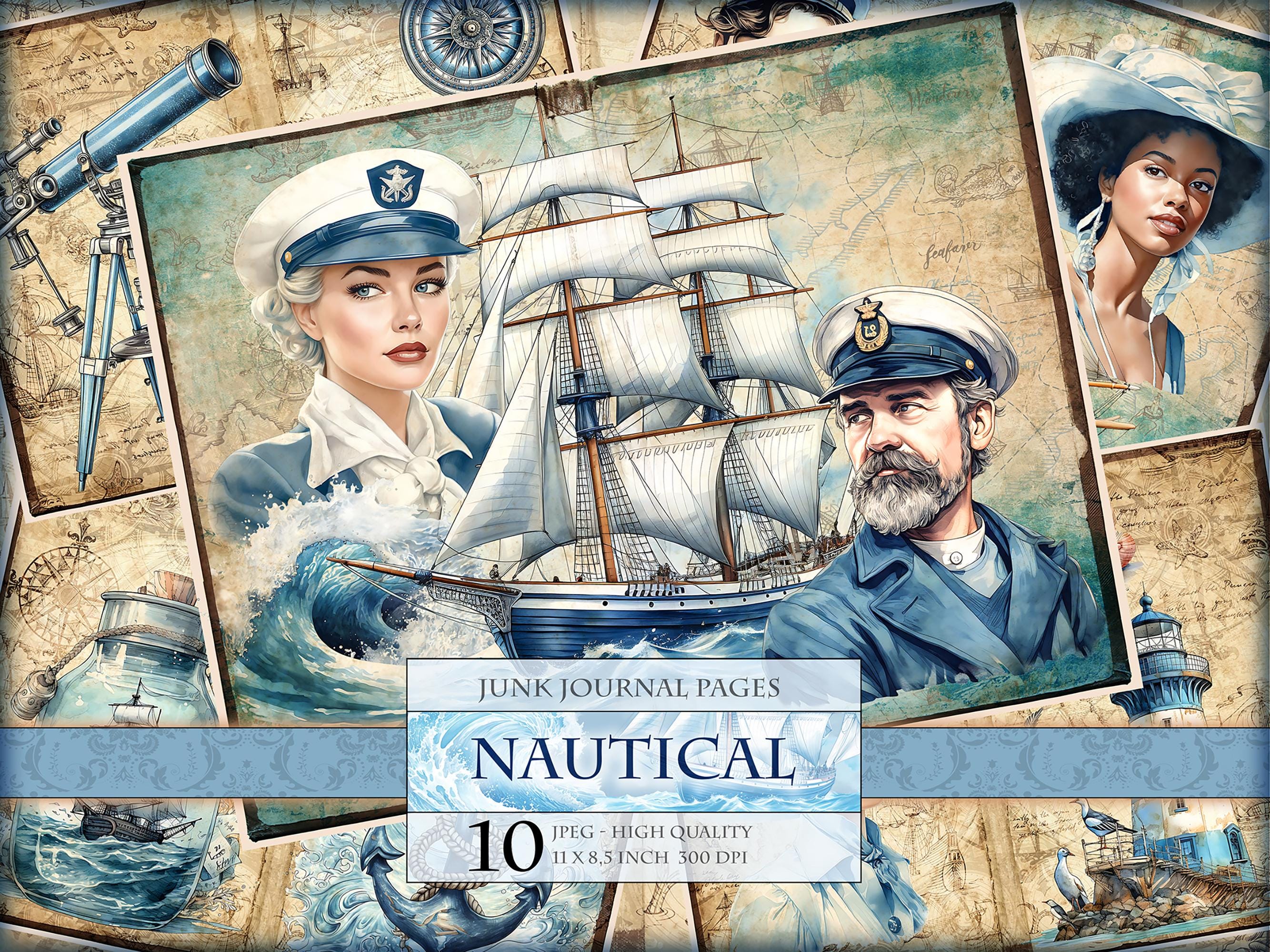Nautical - Marine themed Watercolor Junk Journal Pages, printable HQ 10 JPG images, scrapbook, vintage ephemera postcard, Instant download