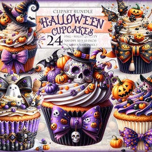 Cupcakes de Halloween, pasteles, muffins, imagen PNG imprimible de 24, clipart de adorno de pegatina de cortes delicados, sublimación transparente, descarga instantánea.