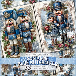 Nostalgic Blue Nutcracker, Christmas Landscapes, Printable 35 JPG image page, vintage journal ephemera postcard decoupage, instant download.