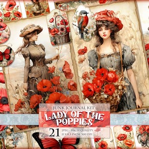 Lady Of The Poppies, Kit diario floreale con acquerello, 21 JPG - 11X8,5 pollici, Download immediato e stampabile, Foglio di collage digitale