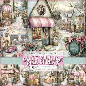 Cute Village Pink Street, Printable Digital images HQ 15 JPG, scrapbook junk journal decoupage postcard watercolor clipart Instant download.