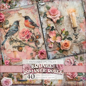 Grunge romantische Rosen, druckbare 40 JPG Seite, Junk Journal Sammelalbum Ephemera Shabby Chic Collage Sheets, sofortiger Download.
