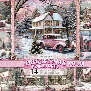 Christmas Pink Streets Vol.01, Winterlandschaft, druckbare digitale Seiten, 13,5 x 13,5 Zoll 14 JPG-Datei, Postkarte, Sofort download.