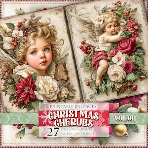 Op de afbeelding: Twee digitale kunstprints in vintage-stijl met cherubs omringd door bloemen en groen. De prints zijn versierd met rode en witte rozen, poinsettia's en bessen. De afbeelding bevat de tekst "Christmas Cherubs" en "Printable JPG Pages".