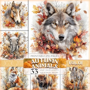 Animales de otoño Vol. 01, Clipart de otoño, imagen JPG 33 HQ imprimible, arte digital, álbum de recortes, diario, efímera, decoupage, postal, descarga instantánea.