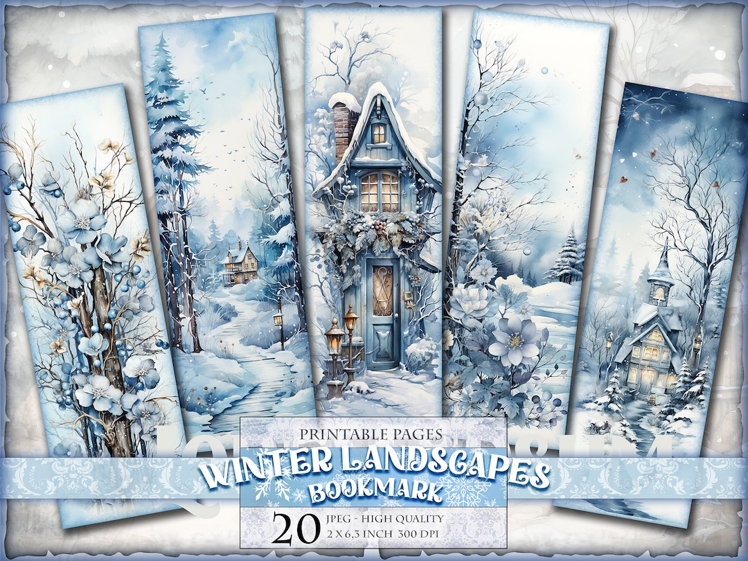 Winter Landscape Bookmarks, Snowly View, Watercolor Digital Sheets, 2x6 ...