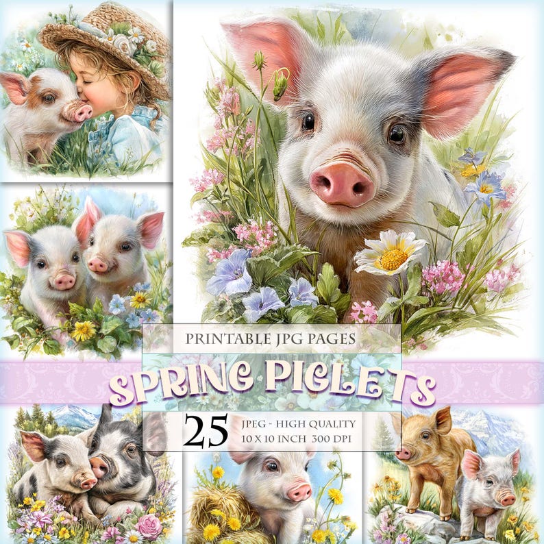 Piglets In Spring Spring Cute Piglets Clipart Bundle, Printable 25 JPEG Image, Wildflower ...