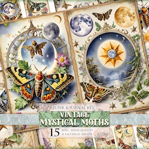 Vintage mystieke nachtvlinders, aquarel junk Journal Kit, afdrukbare dubbele pagina's 15 JPG - 11 x 8,5 inch, directe download, digitaal collageblad