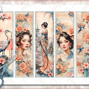 Geisha Bookmarks, Watercolor Digital Sheets, 2x7 Inch 25 Bookmarks in 5 ...