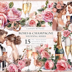 Roses et champagne - série d'invitations de mariage - aquarelle ClipArt Bundle - format PNG imprimable HQ, sublimation, téléchargement immédiat