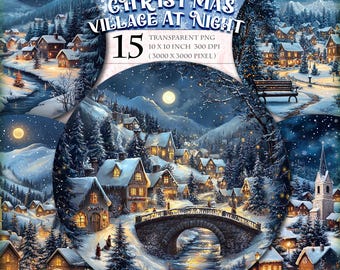 Christmas Village At Night Round, Printable 25 PNG image, Watercolor Clipart Ornaments Door Hanger Wreaths Sign image instant download.