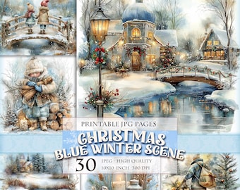 May include: A collection of watercolor images with a Christmas and winter theme. The images include snowy landscapes, a bridge, a church, and children. The text "CHRISTMAS BLUE WINTER SCENE" is displayed. The images are 10x10 inches.