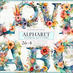Alfabeto - Letras florales - Fuentes florales - Paquete de imágenes prediseñadas de acuarela - Descarga instantánea en formato PNG imprimible de alta calidad.
