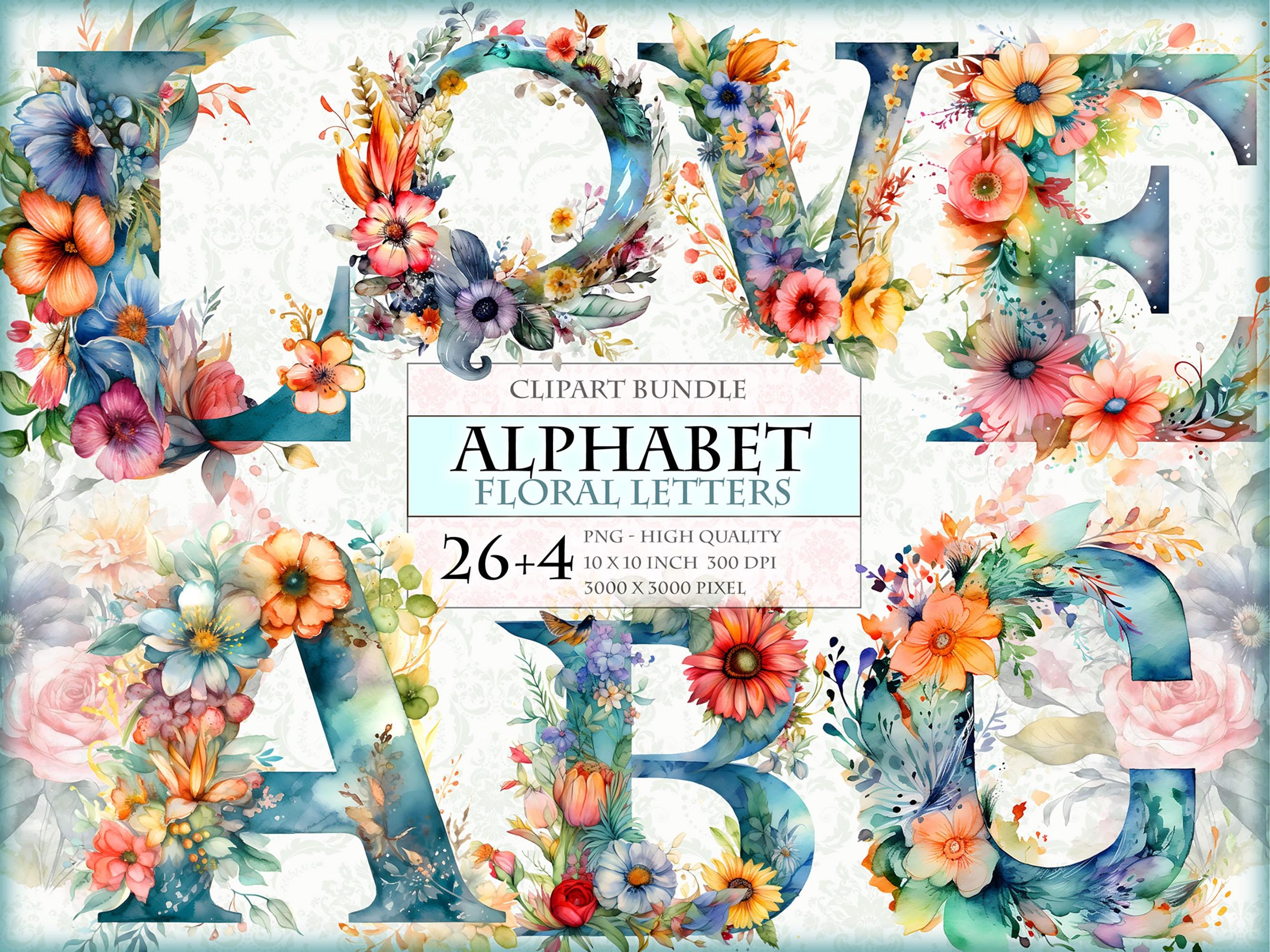 Alphabet - Floral Letters - Floral Fonts -  Watercolor ClipArt Bundle - HQ Printable PNG format instant download.