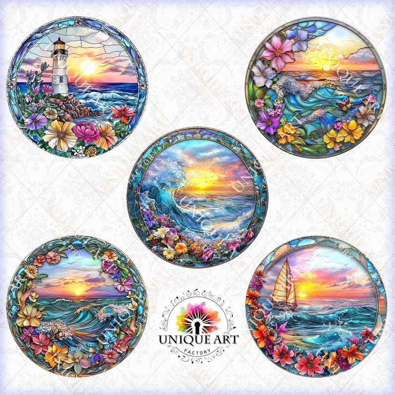 May include: Six round, colorful stained glass designs featuring ocean scenes with sunsets, waves, and flowers. The designs are framed in a circular shape with a white background.