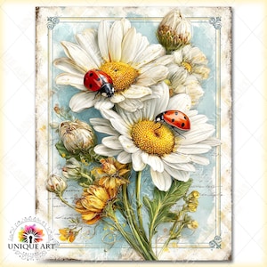 May include: A floral art print featuring white daisies with yellow centers and red ladybugs. The artwork includes yellow and orange flowers, green leaves, and a light blue background. The print has a vintage style with a decorative border and the text "UNIQUE ART FACTORY".