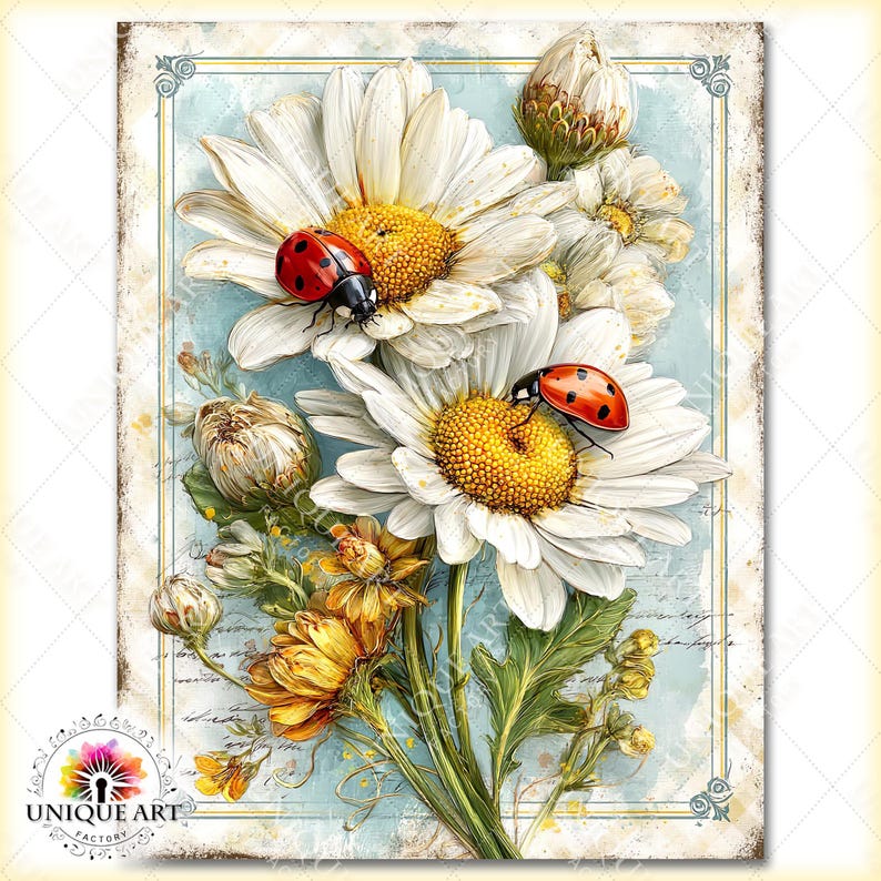 May include: A floral art print featuring white daisies with yellow centers and red ladybugs. The artwork includes yellow and orange flowers, green leaves, and a light blue background. The print has a vintage style with a decorative border and the text "UNIQUE ART FACTORY".