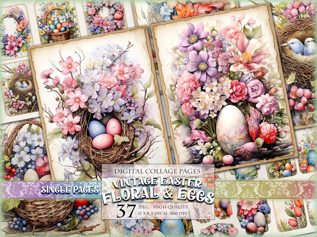 Vintage Easter Floral and Eggs, Watercolor Junk Journal Kit, Printable ...