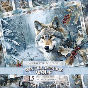 Animali invernali - Lupo, paesaggio innevato, immagine HQ 15 JPG stampabile, diario spazzatura, album di ritagli, clipart di effimeri Fussy Cuts, download immediato.